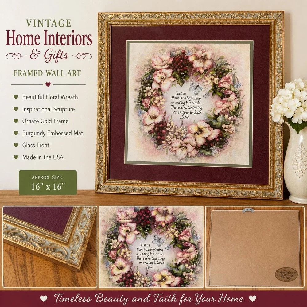 VTG Home Interiors Floral Wreath gold Framed Wall Art Christian Scripture Glass